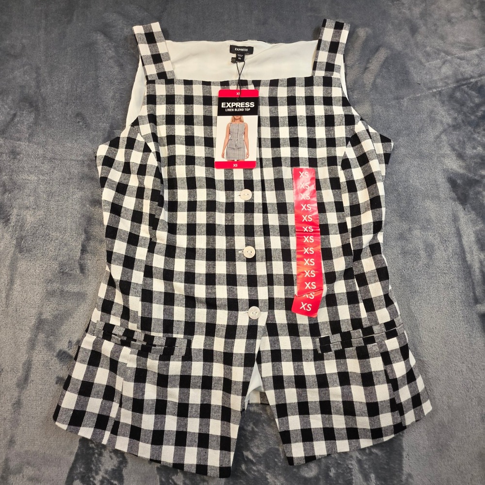 Express Linen Blend Gingham Vest Top Black White Square Neck Button Front XS NWT
